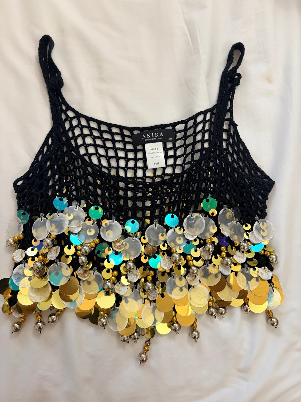AKIRA Black Crochet Sequin Fringe Camisole